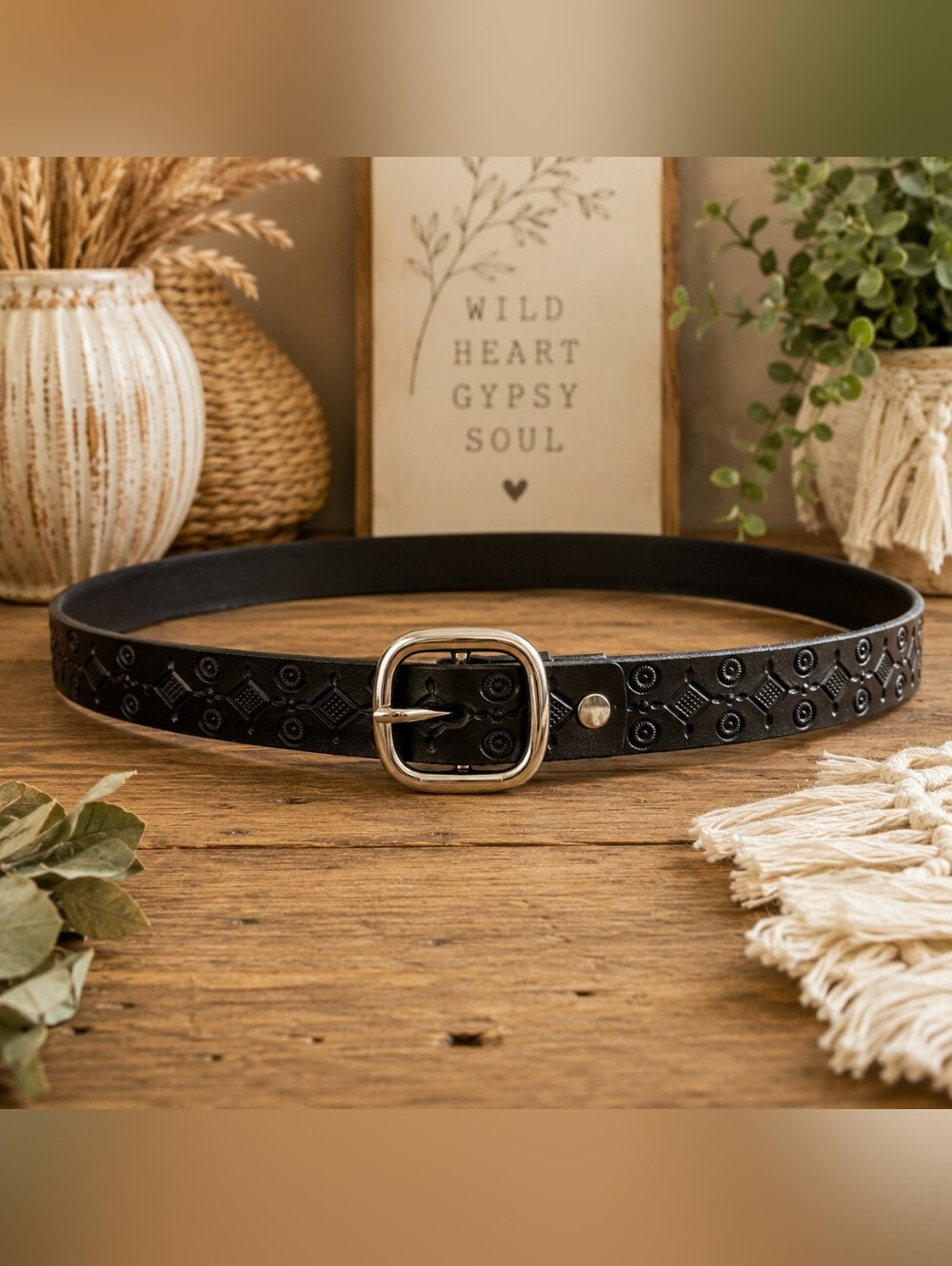 Black Embossed Leather Belt with Silver Buckle XL